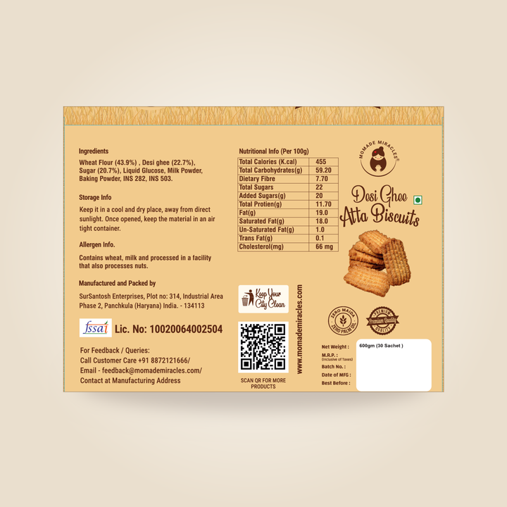 Momade Miracles Desi Ghee Atta Biscuits | 30 Individually Packed Sachets, 2 Biscuits Each | Traditional Wheat Biscuits Made with Desi Ghee | Hygienic Tea-Time & Travel Snack (Classic Desi Ghee Atta Biscuits)