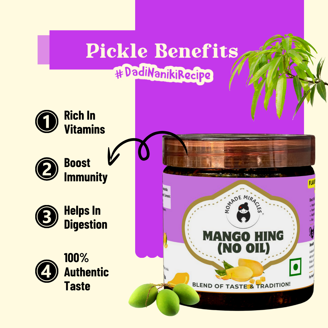 Momade Miracles Mango Aam ka Achar with Hing Flavour/Pickle Without Oil (400 gm) Traditional Indian Homemade Achar with Hing, Sweet & Tangy Pickle | Dry Sukha Aam Ka Achaar made with Organic Methods & Preservative free