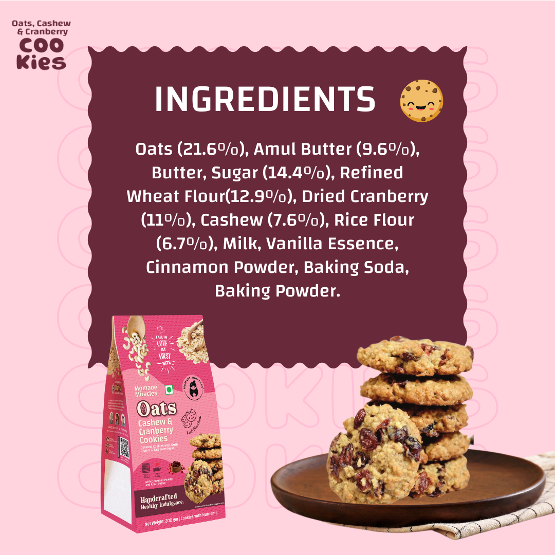 Momade Miracles Oats Cashew Cranberry Cookies | Wheat Flour &amp; Butter | Egg-Free | Tea-Time Snack | Guilt-Free | Authentic Indian Taste | Ideal for Gifting, 200 gm (Pack Of 1)