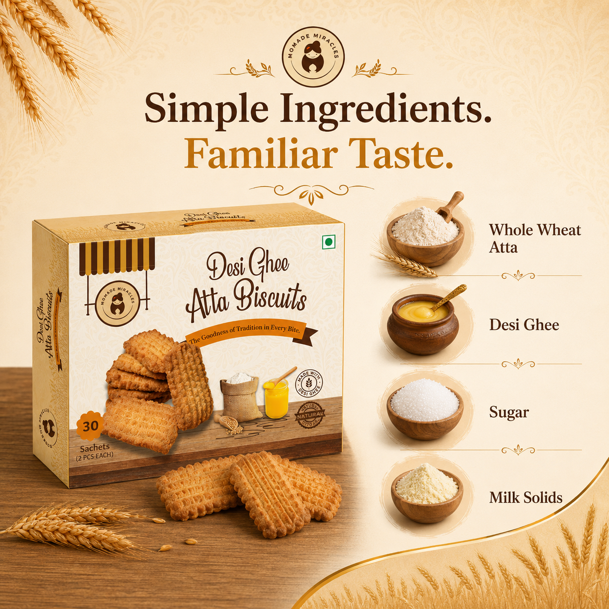 Momade Miracles Desi Ghee Atta Biscuits | 30 Individually Packed Sachets, 2 Biscuits Each | Traditional Wheat Biscuits Made with Desi Ghee | Hygienic Tea-Time & Travel Snack (Classic Desi Ghee Atta Biscuits)