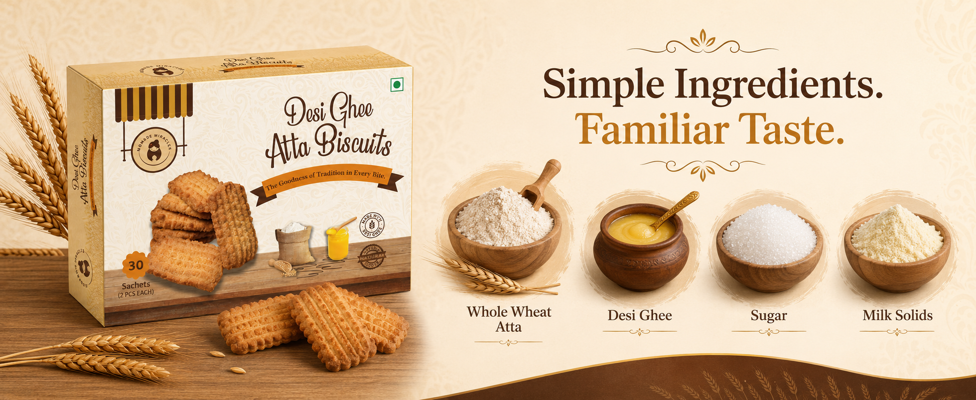 Momade Miracles Desi Ghee Atta Biscuits | 30 Individually Packed Sachets, 2 Biscuits Each | Traditional Wheat Biscuits Made with Desi Ghee | Hygienic Tea-Time & Travel Snack (Classic Desi Ghee Atta Biscuits)