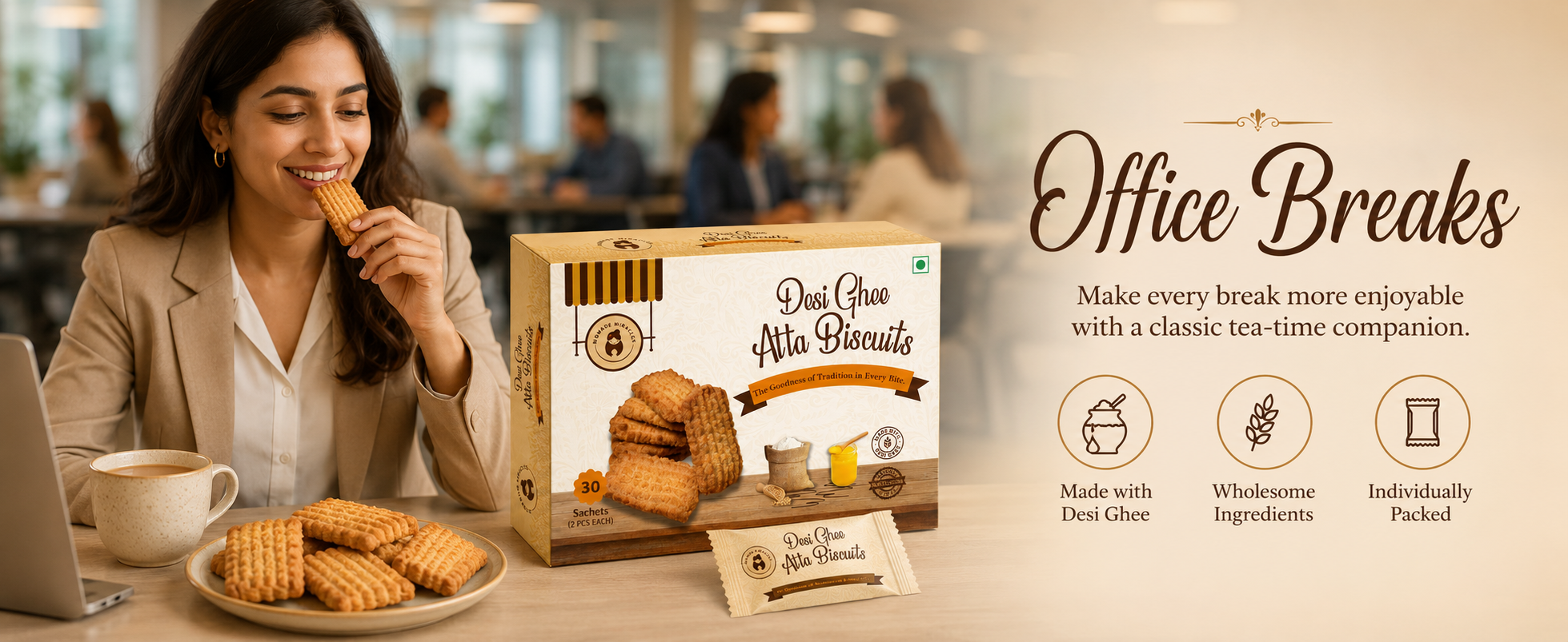 Momade Miracles Desi Ghee Atta Biscuits | 30 Individually Packed Sachets, 2 Biscuits Each | Traditional Wheat Biscuits Made with Desi Ghee | Hygienic Tea-Time & Travel Snack (Classic Desi Ghee Atta Biscuits)