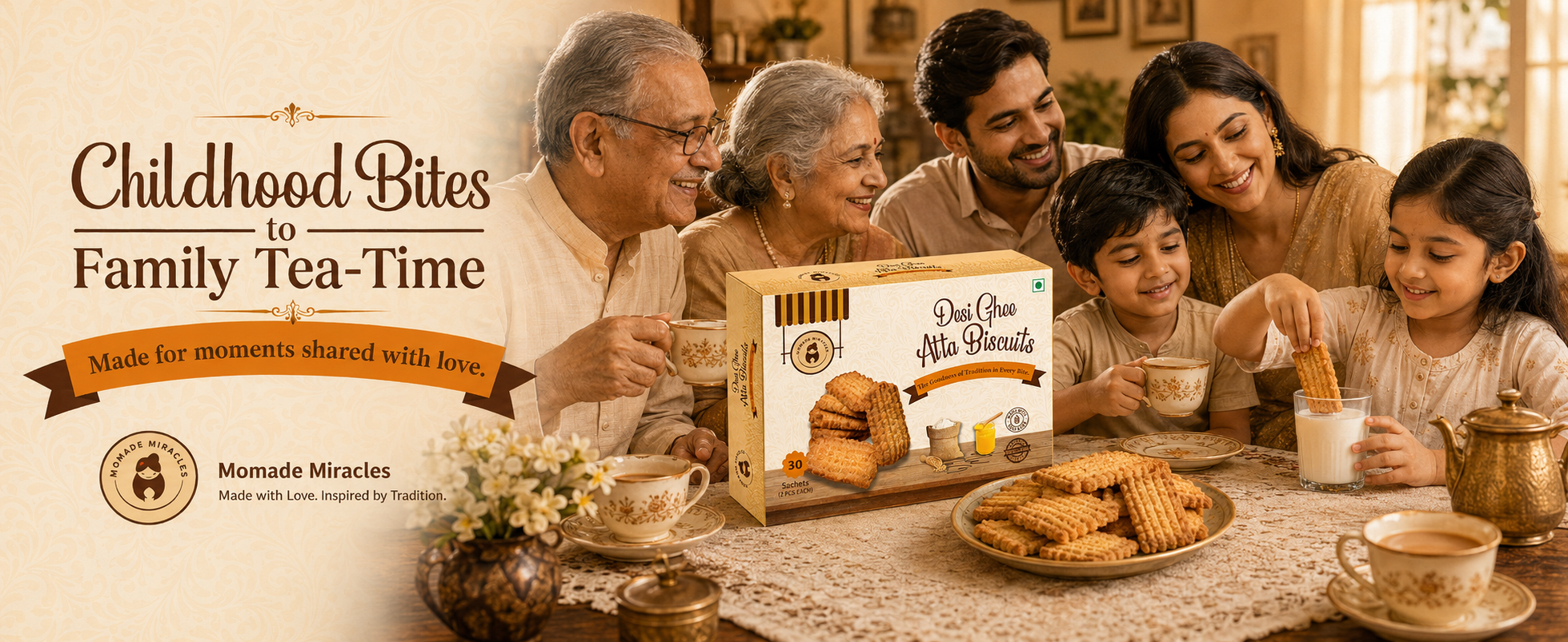 Momade Miracles Desi Ghee Atta Biscuits | 30 Individually Packed Sachets, 2 Biscuits Each | Traditional Wheat Biscuits Made with Desi Ghee | Hygienic Tea-Time & Travel Snack (Classic Desi Ghee Atta Biscuits)