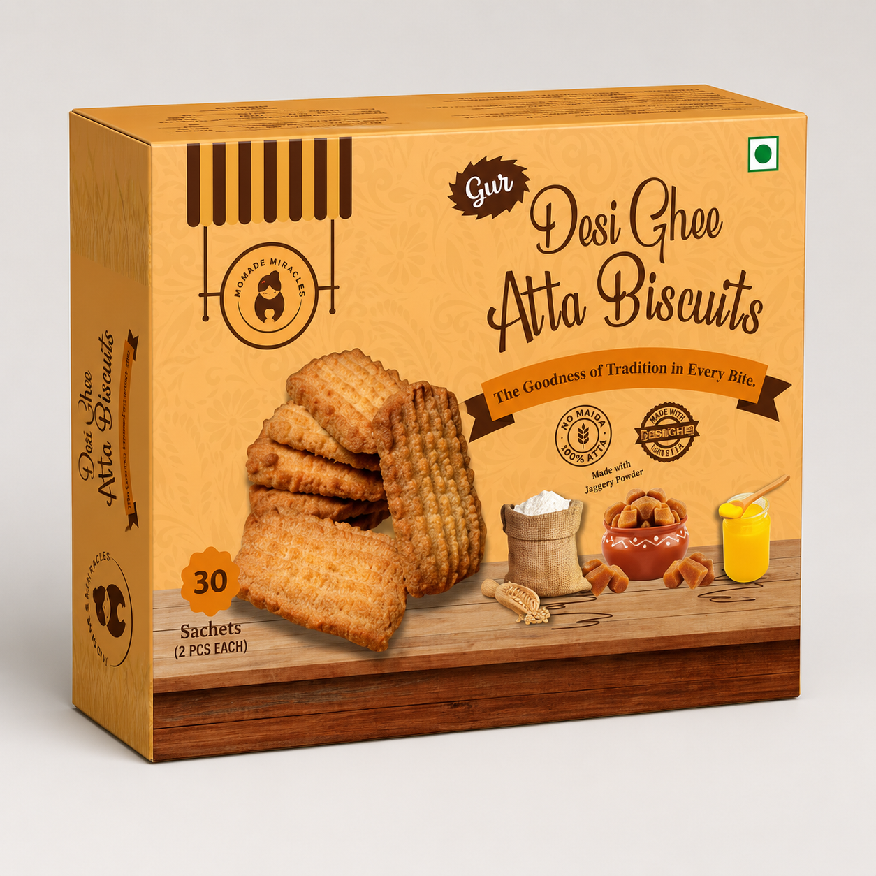 Momade Miracles Gur Desi Ghee Atta Biscuits | Traditional Whole Wheat Jaggery Biscuits | 30 Individually Packed Sachets | 2 Biscuits per Sachet | Tea-Time & Travel Snack