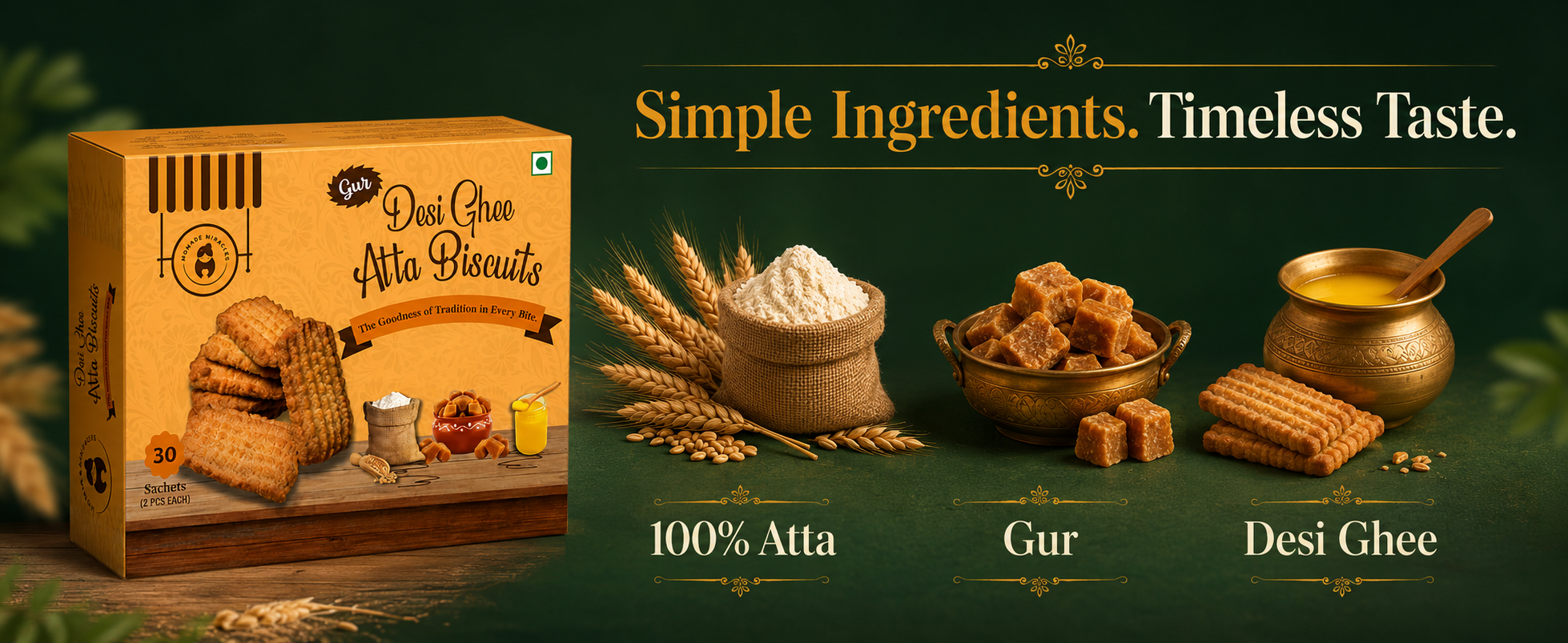 Momade Miracles Gur Desi Ghee Atta Biscuits | Traditional Whole Wheat Jaggery Biscuits | 30 Individually Packed Sachets | 2 Biscuits per Sachet | Tea-Time & Travel Snack