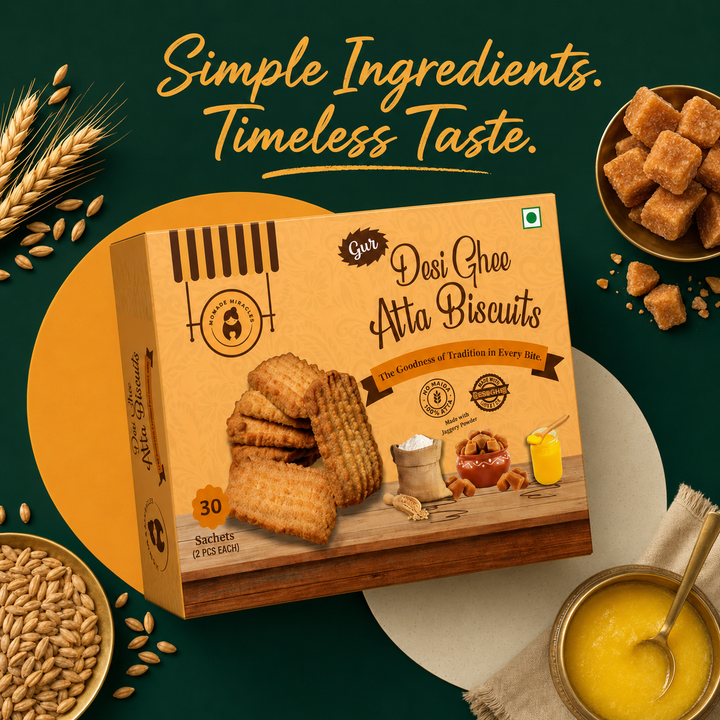 Momade Miracles Gur Desi Ghee Atta Biscuits | Traditional Whole Wheat Jaggery Biscuits | 30 Individually Packed Sachets | 2 Biscuits per Sachet | Tea-Time & Travel Snack