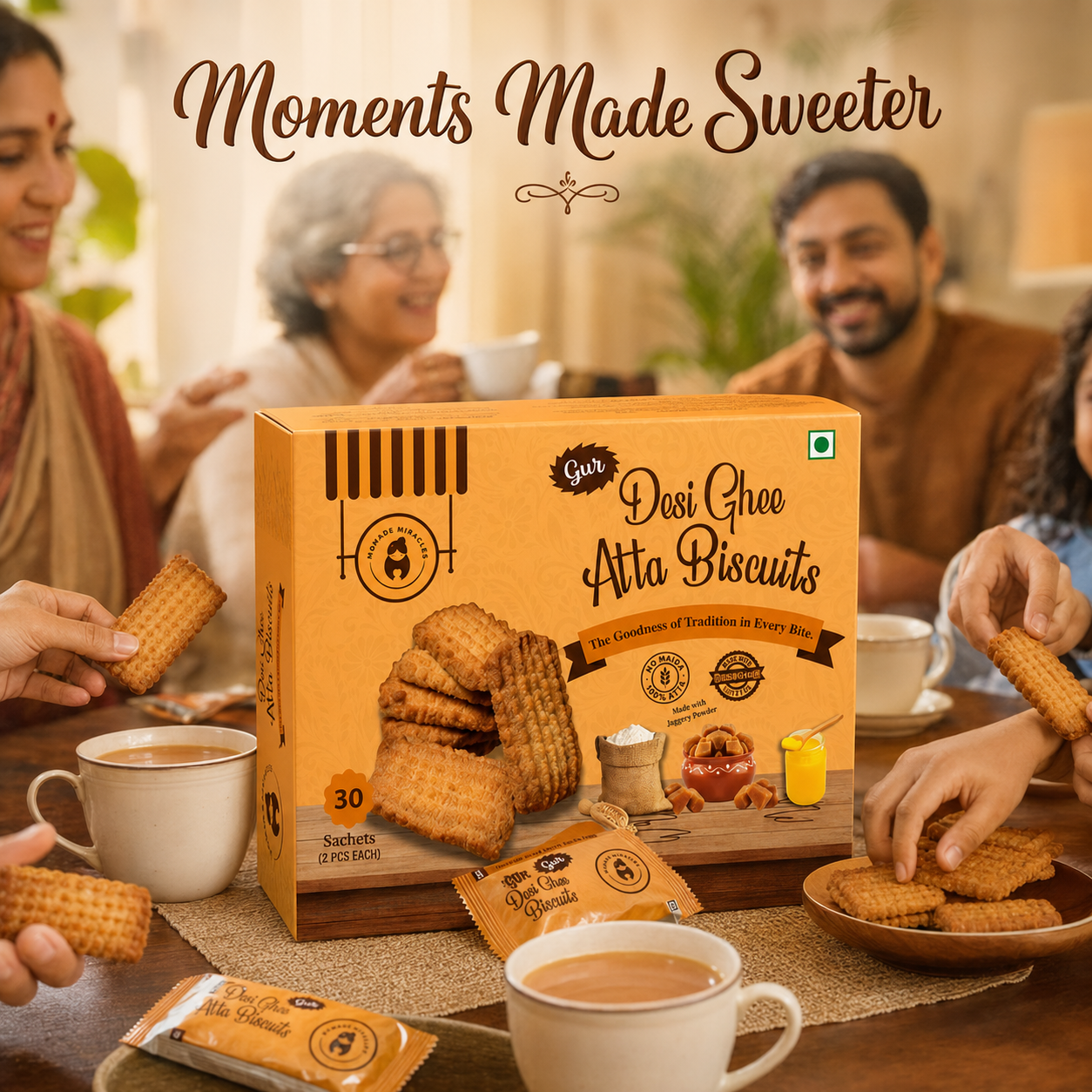 Momade Miracles Gur Desi Ghee Atta Biscuits | Traditional Whole Wheat Jaggery Biscuits | 30 Individually Packed Sachets | 2 Biscuits per Sachet | Tea-Time & Travel Snack
