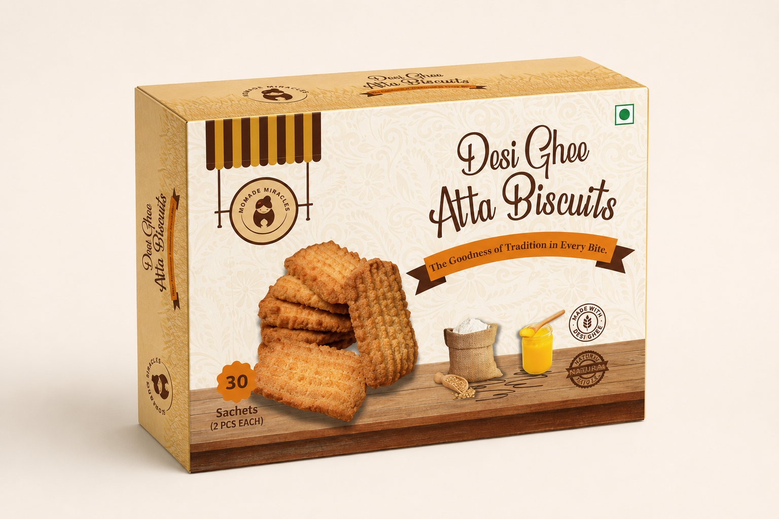 Momade Miracles Desi Ghee Atta Biscuits | 30 Individually Packed Sachets, 2 Biscuits Each | Traditional Wheat Biscuits Made with Desi Ghee | Hygienic Tea-Time & Travel Snack (Classic Desi Ghee Atta Biscuits)